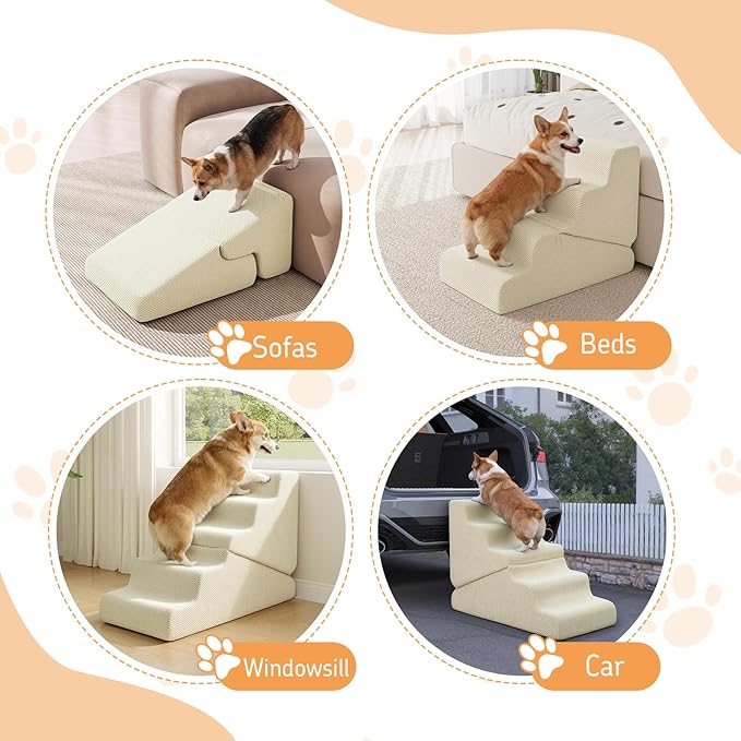 Dog Ramp for Bed, 16.5" H Dog Stairs for High Bed, 2 in 1 Pet Steps for Small Dogs, 3-Step Foldable Transformable Large Cats Ramp to Get on Couch, Non-Slip Balanced, Beige