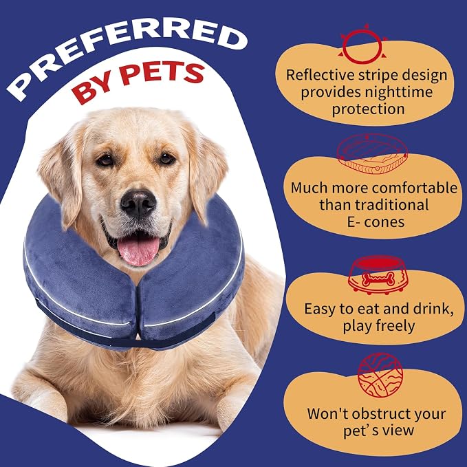 Inflatable Reflective Dog Cone Collar Alternative After Surgery,Doggie Recovery Dount Neck Ecollar,Adjustable Soft Dog Cone Collar for Small Medium Large Dogs (Blue, L)