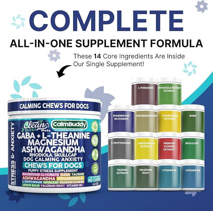 CalmBuddy Anxiety and Stress Relief Supplements GABA L-Theanine Magnesium Ashwagandha Rhodiola Rosea Chamomile L-Tryptophan Skullcap Taurine Valerian Root 60 Beef Flavor Chew By Clean Nutra Pets