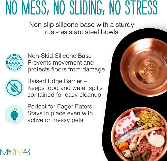 Messy Mutts Double Silicone Feeder with Copper-Colored Stainless Bowls | Non-Skid Food Dishes for Dogs for All Pets | Dog Food Bowls | Medium, 1.5 Cups Per Bowl | Black