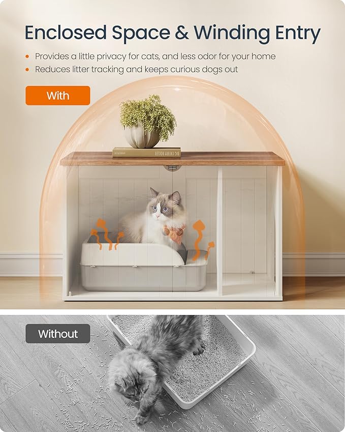 SONGMICS HOME Litter Box Enclosure, Snapsemble Superfast Assembly, Cat Litter Box Furniture, Push-to-Open Doors, Indoor Cat House, Rustic White and Honey Brown UPCL233WJ04S