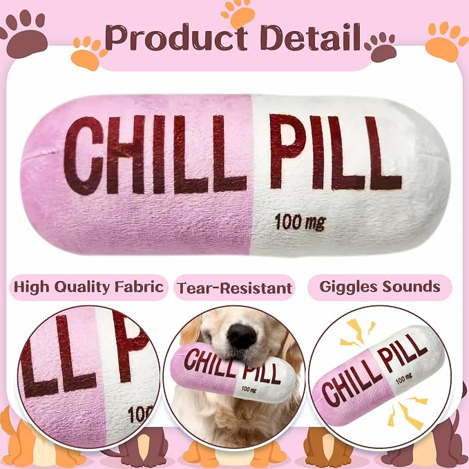 CUweipeng Funny Dog Squeaky Toy - Pink Chill Pill Capsule Shaped Teething Squeak Plush Pet Toy Bite Kick Indoor Interactive Training Play Supply for Small Dog Cat Present Pet Lover Gift Photo Props