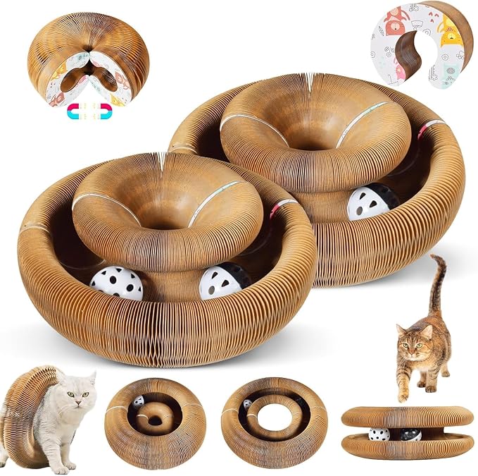 2 Pack Cat Scratcher Toys for Indoor Cats, Interactive Accordion Cardboard with Bell Ball, Foldable Infinity Style Cat Enrichment Toys