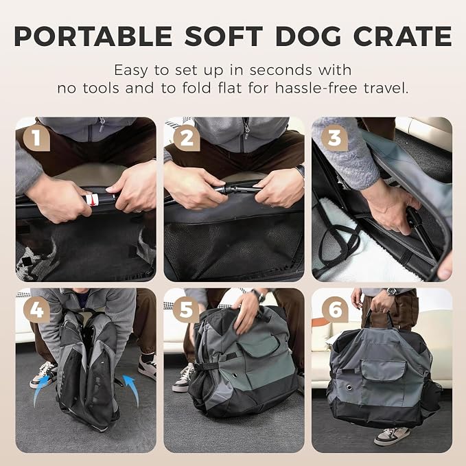 30 Inch Soft Collapsible Crate for Medium Dogs, 4-Door Portable Foldable Soft Kennel with Chew Proof Mesh Windows for Indoor & Outdoor Travel Beige