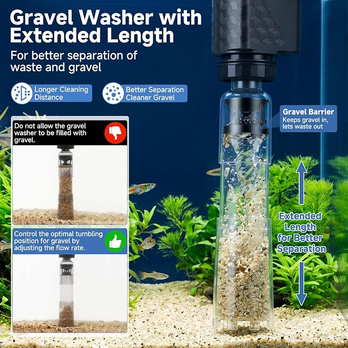 AQQA Aquarium Gravel Vacuum Cleaner, 8-in-1 Electric Fish Tank Cleaner with Automatic Water Change, 320GPH Strong Suction, Anti-Clog Gravel Barrier, Sand Washer, Vacuum Cleaner for 14-30in Tank Height