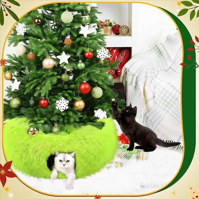 Thyle Christmas Cat Tunnel Bed Under Christmas Tree for Indoor Cats Xmas Pet Donut Tunnel with Cushion Foldable Round Pet Toy for Small Animals Kitten(3ft X 3ft X 9.8in,Green,Plush)