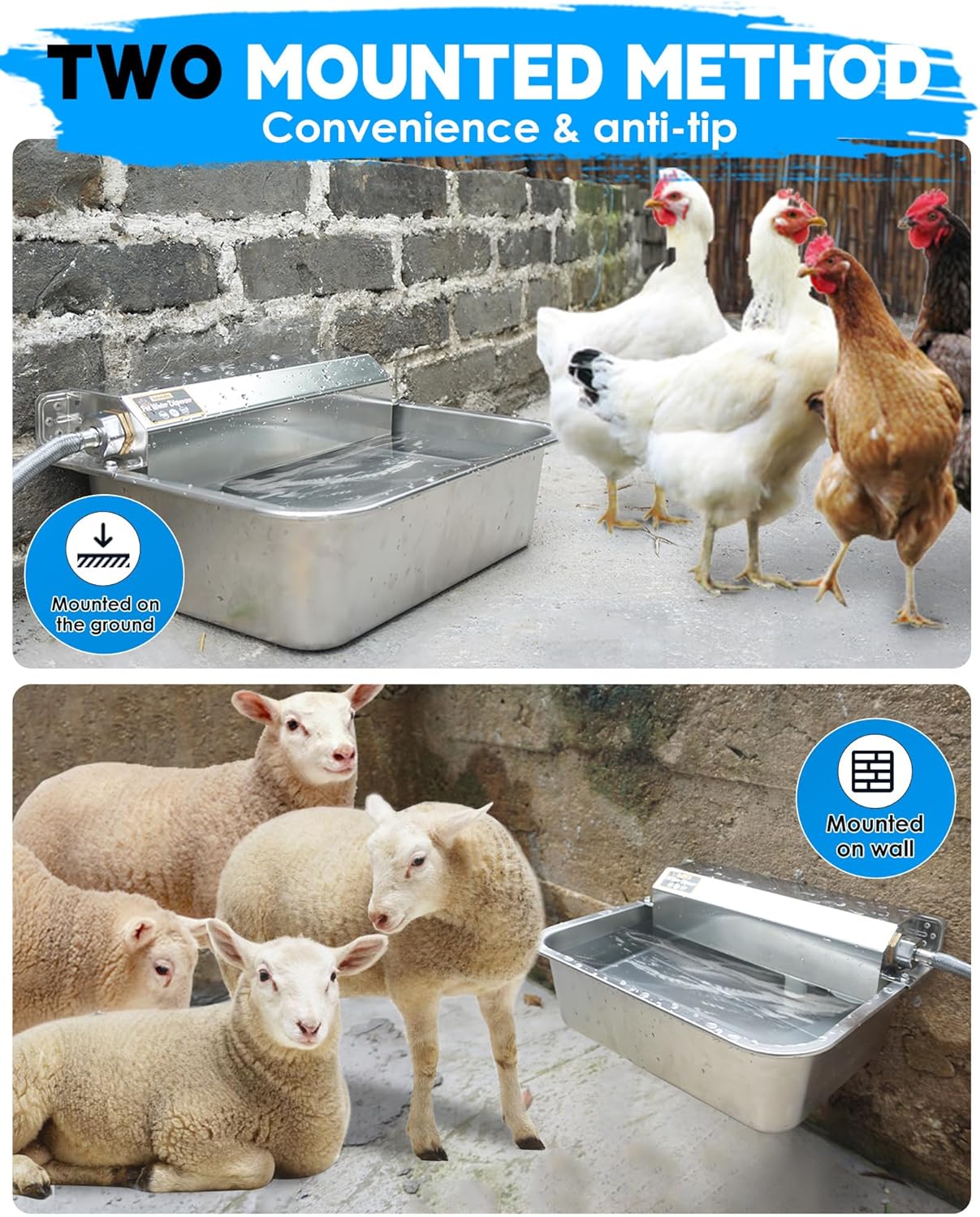 Automatic Dog Water Dispenser, 2 Gallons 304 Stainless Steel Dog Water Bowl for Indoor/Outdoor, Large Water Bowl for Pets & Livestock, Anti Tip, Wide Mouth, Water Auto Fill, Fit GHT 3/4" Faucet