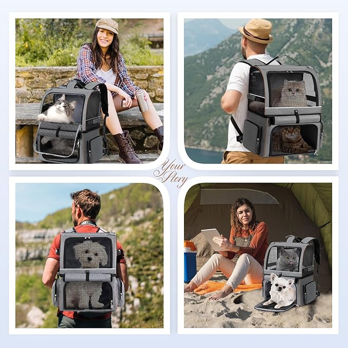 Double Cat Backpack Carrier for 2 Cats, Double-Compartment Pet Carrier Backpack for Two Small Cat or One Medium Cat, Cats Carrier Backpack Dog Carrier Backpack Fits Up to 24 Lbs,Grey