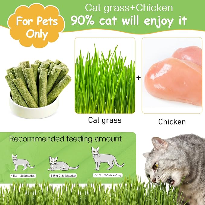 100g Cat Grass Teething Stick, Freezed Drying Cat Grass Sticks Snacks for Cats, Edible Cats Treats for Teeth Cleaning and Hairball Removal
