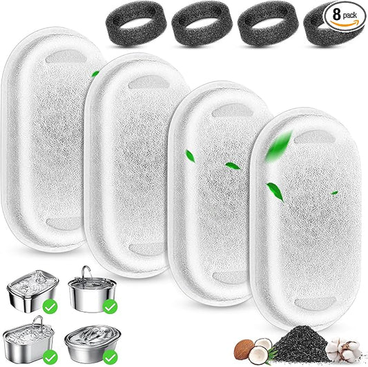 Cat Water Fountain Filter, 4 Pcs Cat Filters Replacement Pet Water Fountain Filters with 4 Pcs Sponges Foam for 67oz/2L & 108oz/3.2L Stainless Steel Automatic Cat Water Fountain Dispenser Filters