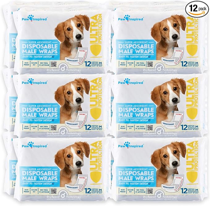 Paw Inspired Disposable Male Dog Wraps, Belly Band for Dogs | Disposable Dog Diapers | Belly Bands for Male Dogs (144 Count, Medium)