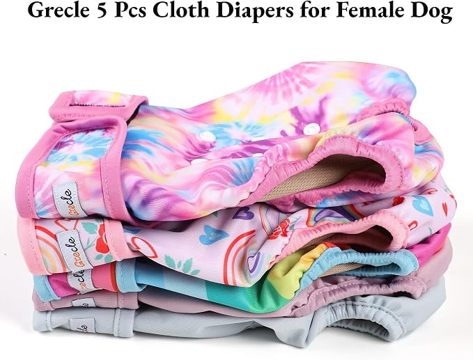 Female Dog Diapers 5Pcs - Premium Reusable Diapers for Doggie in Heat - Highly Absorbent Dog Diapers Female for Pet Incontinence with Adjustable Snaps, Rainbow, XL