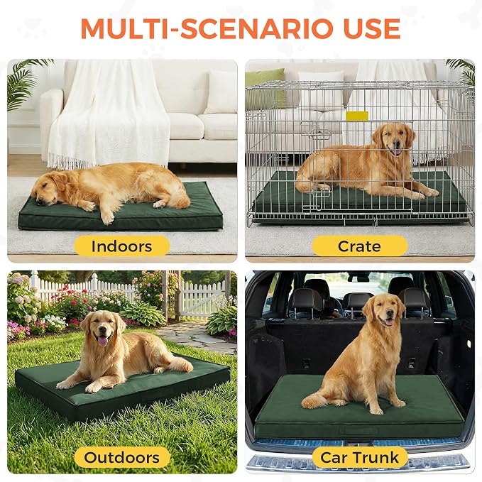 Outdoor Dog Bed for Small Dogs, Waterproof Dog Bed Small, 30x20x3 Inch, Orthopedic Dog Bed with Removable Washable Cover, Flat Rectangle Pet Crate Pad for Kennel, Cage, Outside, Dark Green