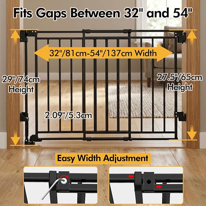 Extra Wide Baby Gate for Stairs Doorways & Kitchen,32"-54" W x 29" H, No Bottom Bar Dog Gate, One-Handed Auto-Close, Hardware Mount Safety Gate for Dogs & Toddlers, Black