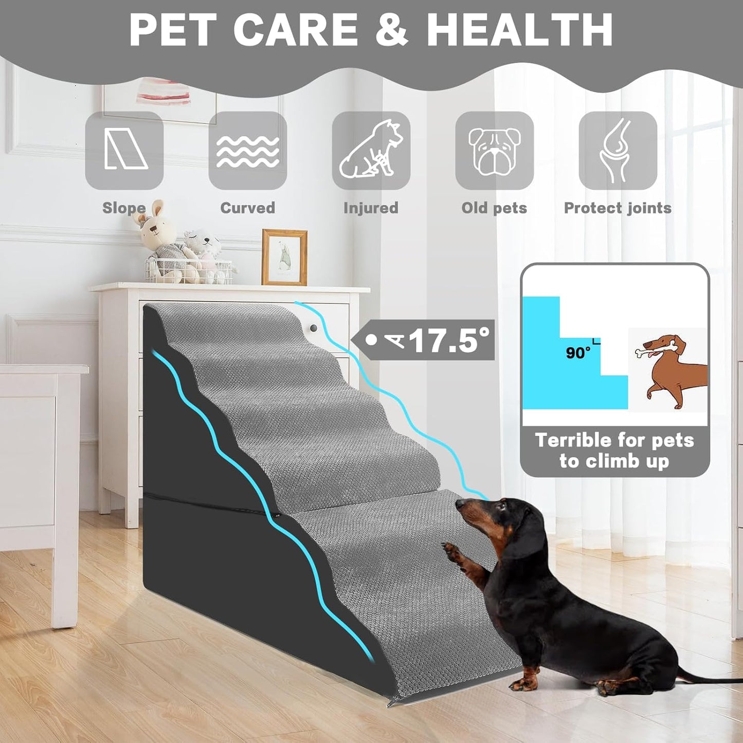 Dog Stairs for High Beds 30-36 inches Tall, 6-Step Dog Steps for Bed 32-36 inches for Small Large Dogs, Dog Ramp for Bed, 30D Foam Pet Stairs/Steps for High Beds for Old Dogs/Cats, Grey
