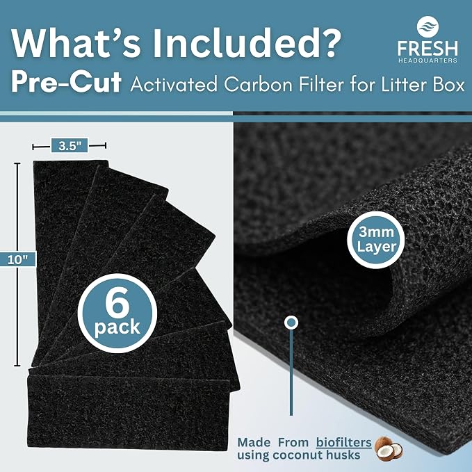 Fresh Headquarters Activated Litter Robot 3 Carbon Filters - Activated Charcoal Replacement Filter, Pre-Cut 3.5” x 10” Litter Robot Accessories - Odor Control & Dust Reduction - Made in USA - 6-Pack