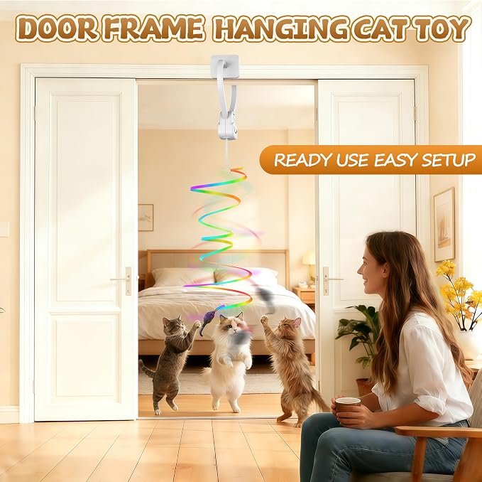 Interactive Cat Toy for Indoor Cats Automatic Hanging Door Frame Toy | Cat Toy with Feather Mouse String 360° Rotating USB Rechargeable Self Play Kitten Toy for Hunting Instinct Cat Boredom Relief