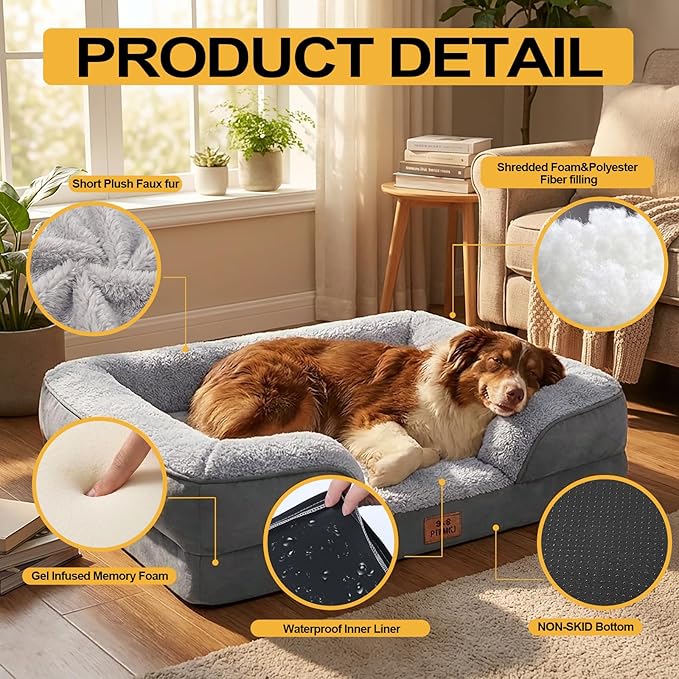 Orthopedic Dog Bed for Extra Large Dogs - Gel Memory Foam Pet Bed with Waterproof & Washable Cover, Contoured Bolster Design for Dogs & Cats (Grey, 44.0" L x 31.5" W x 7.5" Th)