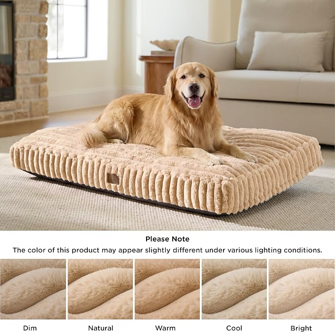 Bedsure ComfyFleece™ Plush Dog Beds Large Sized Dog, Crate Bed for Balanced Support, Cute Chopped Foam Pillow Pad with Removable Washable Cover, Non-Slip Waterproof Cozy Pet Mat, 35"x22", Sandy Beige
