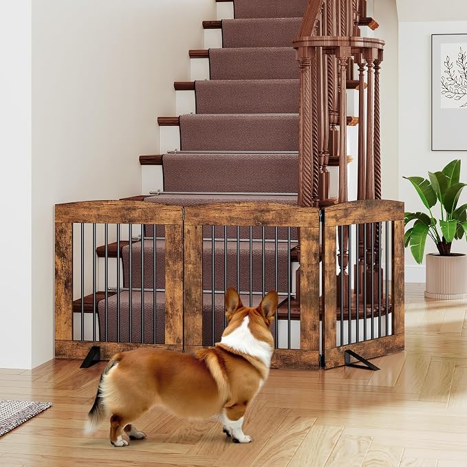 HOOBRO Indoor Dog Gate with Support Feet, Freestanding Pet Gate for Doorway, Stairs, 24 Inch 3 Panels, Folding Dog Fence, 360° Hinge for Easy Access, Sturdy Iron Pipe, Rustic Brown BF05PP03