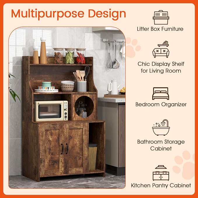PETSITE Industrial Cat Litter Box Enclosure with Storage Shelves, 2-in-1 Wooden Hidden Litter Box Furniture with 3-Tier Open Shelf, 51-Inch Tall, Rustic Brown