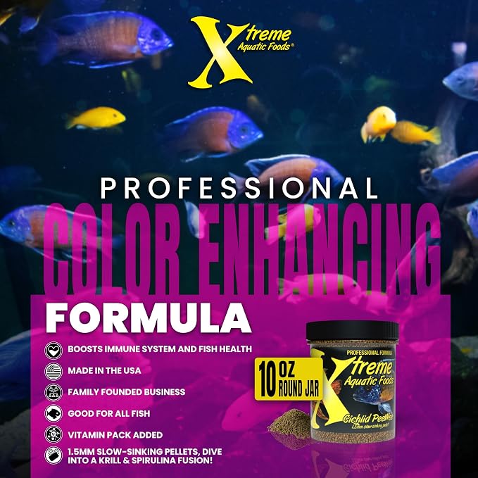 Xtreme Cichlid Peewee 1.5 mm Pellets - Proven Nutrition for Cichlids - Balanced Amino Acids, Boost Immune & Digestive Health, Color & Energy, Max Protein Freshwater Fish Food – USA Farm Grown (10oz)