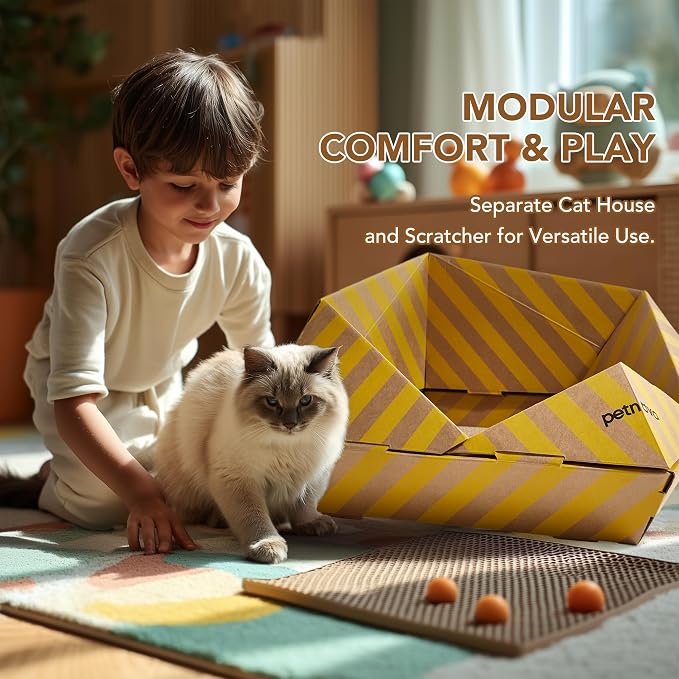 PETNOVO Foldable Cardboard Cat House Bed for Indoor Cats, Collapsible Cat Hideaway with Corrugated Scratcher Insert, Low Entry, Paper Build, 18.5 x 18.5 x 11.8 in, Yellow