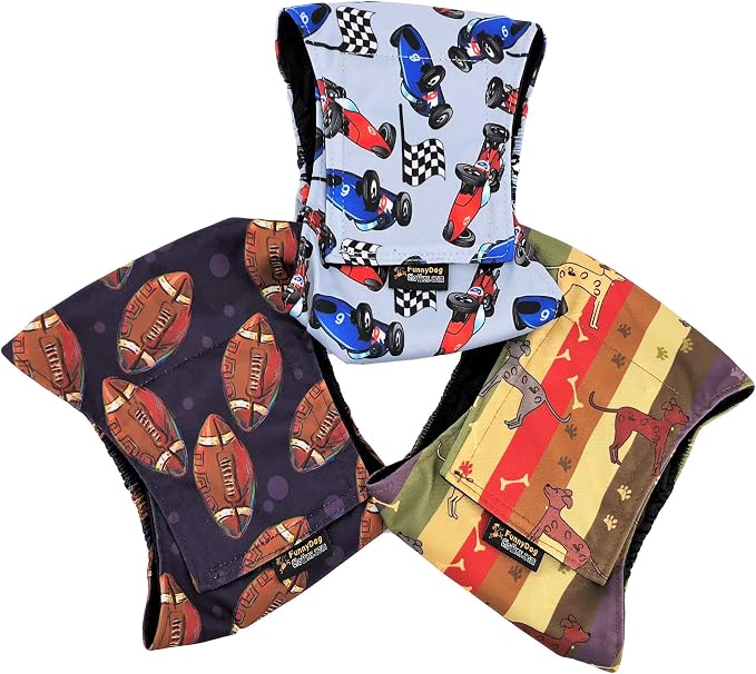 Pack of 3 Male Dog Diapers 4 - Layers of Absorbent Pads Waterproof Leak Proof Belly Band Wrap Washable (S: Waist 10" - 12", Patterned)