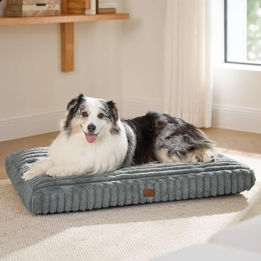 Bedsure ComfyFleece™ Plush XL Dog Bed, Extra Large Dog Bed, Crate Bed for Balanced Support, Cute Chopped Foam Pillow Pad with Removable Washable Cover, Non-Slip Waterproof Cozy Pet Mat, 41"x27", Grey