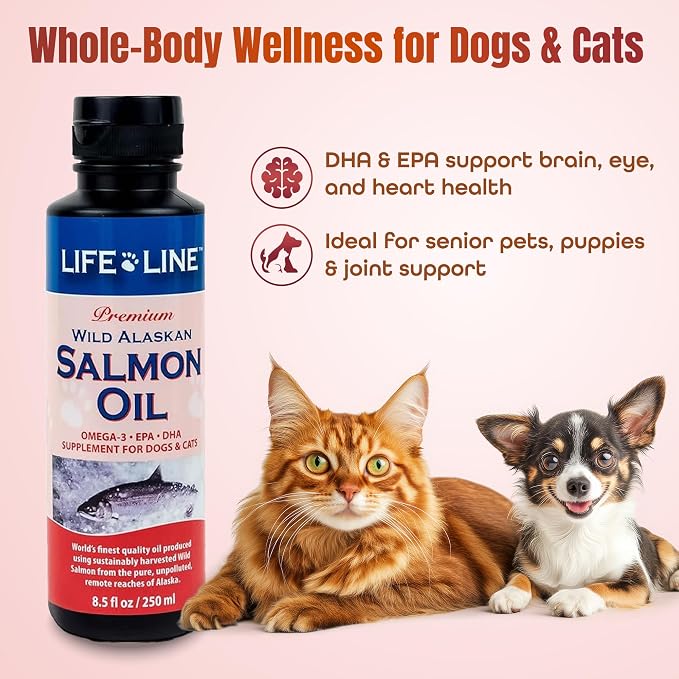 Life Line Wild Alaskan Salmon Oil for Dogs & Cats | Omega-3 Fish Oil with DHA & EPA | Skin & Coat Support | Brain, Heart & Eye Health – 8.5 oz