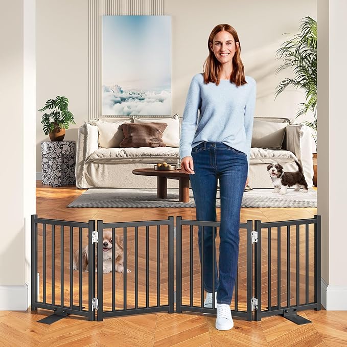 Snughome Short Dog Gate Indoor, 16" High Freestanding Small Dog Door Gate with Support Feet, Expands Up to 48’’ Wide Foldable Pet Gates for Doorway, 4 Panel Folding Pet Door Pet Fence for Puppy, Black