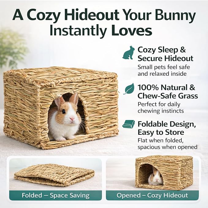HERCOCCI Extra Large Grass House for Rabbit, Foldable & Comfortable - Small Animal Hut Play Hideaway Bed Hay Mat Chew Toy for Bunny Guinea Pig Hamster Chinchilla (1 Pack)