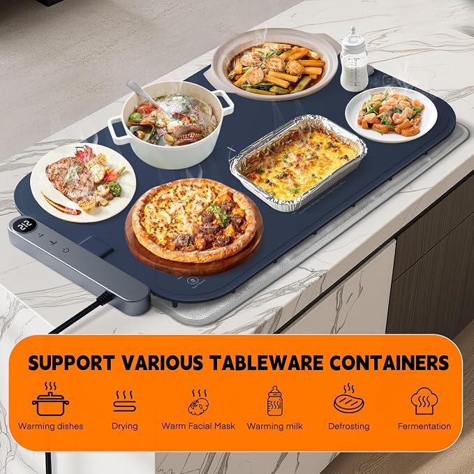 Homelove Warming Mat for Food - Electric Warming Tray with 6-Level Temperature and Hours Setting, Full Surface Graphene Heating, Waterproof Dishwasher-Friendly Food Warmer for Parties, Kitchen (Blue)