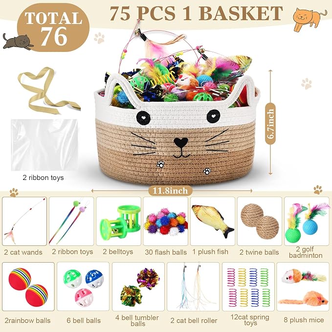 Zopeal 76 Pcs Graduation Cat Storage Basket Gift Toys Set Interactive Cat Toys Kitten Wand Colorful Flashing Balls Pet Crinkle Balls Attract Kitten to Swat, Hunt for Pet Indoor(Khaki)