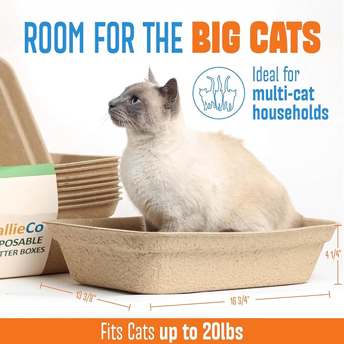 CallieCo Disposable Cat Litter Boxes - Portable Biodegradable Travel Litter Box for Cats, Sturdy and Durable Kitty Poo Box, Leak-Resistant Cat Tray Liners, Easy-Grip Rim, Large - 8 Pack