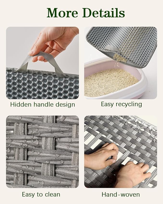 SETVSON Cat Litter Box Enclosure Furniture, Handwoven Rattan Hidden Litter Box with Mat, Large Space Cat House with 2 S-Shaped Hooks 30.3 x 18.3 x 24.4 Inches, Indoor for Living Room Apartment Gray