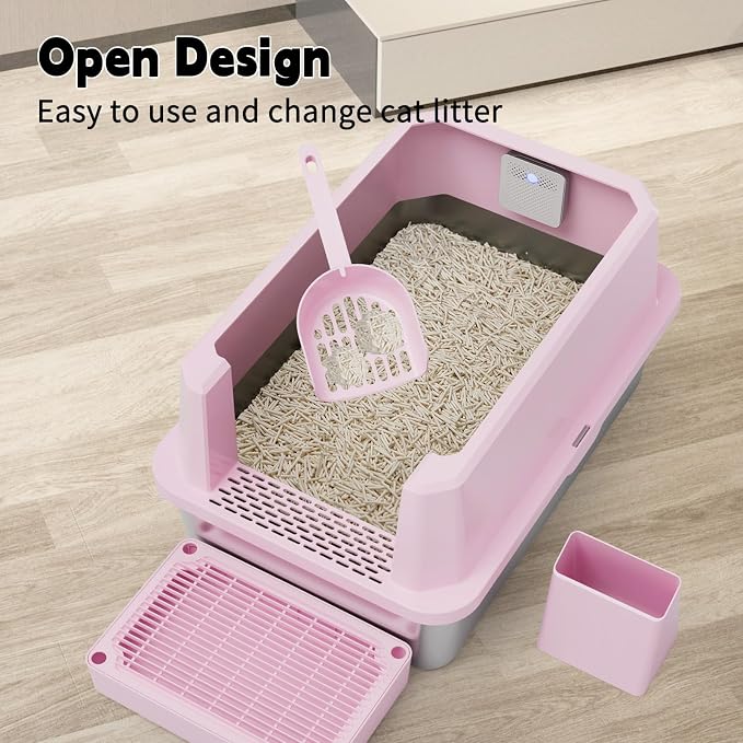 RIZZARI 2-Pack Open-Top Stainless Steel Cat Litter Boxes - Large Pink, Non-Stick & Odor Resistant, Easy-Clean Trays with High Sides, for Indoor Use, Apartments & Multi-Cat Homes