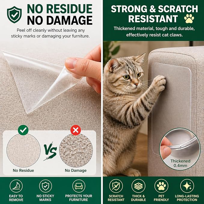 Cat Scratch Furniture Protector for Couch, 12 Pack Clear Couch Protector from Cat Claws, Self Adhesive Anti Scratch Furniture Protectors for Cats, Transparent Couch Corner Protectors, No Residue