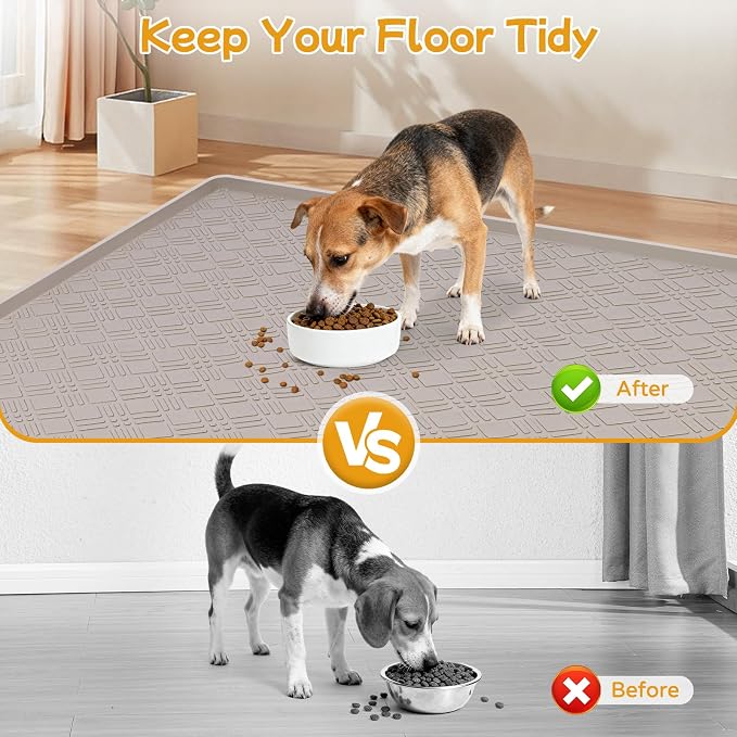Dog Food Mat, 42" x29" Large Silicone Mat Dog Feeding Mat with Raised Edge Non-Slip Pet Feeding Mat for Food and Water Bowl, Easy to Clean, Floor Protection (Beige)