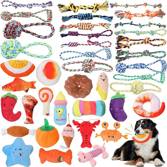 Leyndo 40 Pack Dog Chew Toys for Aggressive Dogs Plush Squeaky Rope Toys for Medium and Large Breed Pet Tug of War Teething Chew Tug