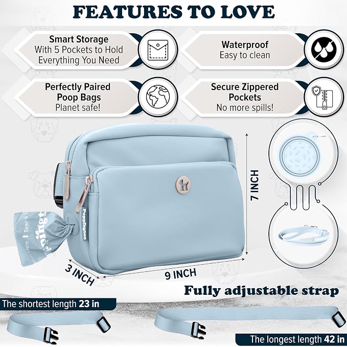 Puppington 3-in-1 Crossbody & Dog Treat Pouch for Pet Training - Matching Compostable Poop Bags, Built-In Poop Bag Dispenser & Slow-Feeding Travel Dog Bowl - Dog Walking Bag (Ice Blue)