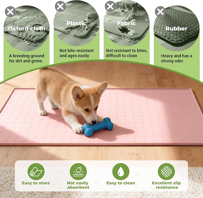Extra Large 34x22 Inch Machine Washable Silicone Pet Food Mat - Waterproof Dog & Cat Bowl Mat with Raised Edge, Non-Slip Floor Protector for Large Dogs, Multi-Pet Homes (Pink)