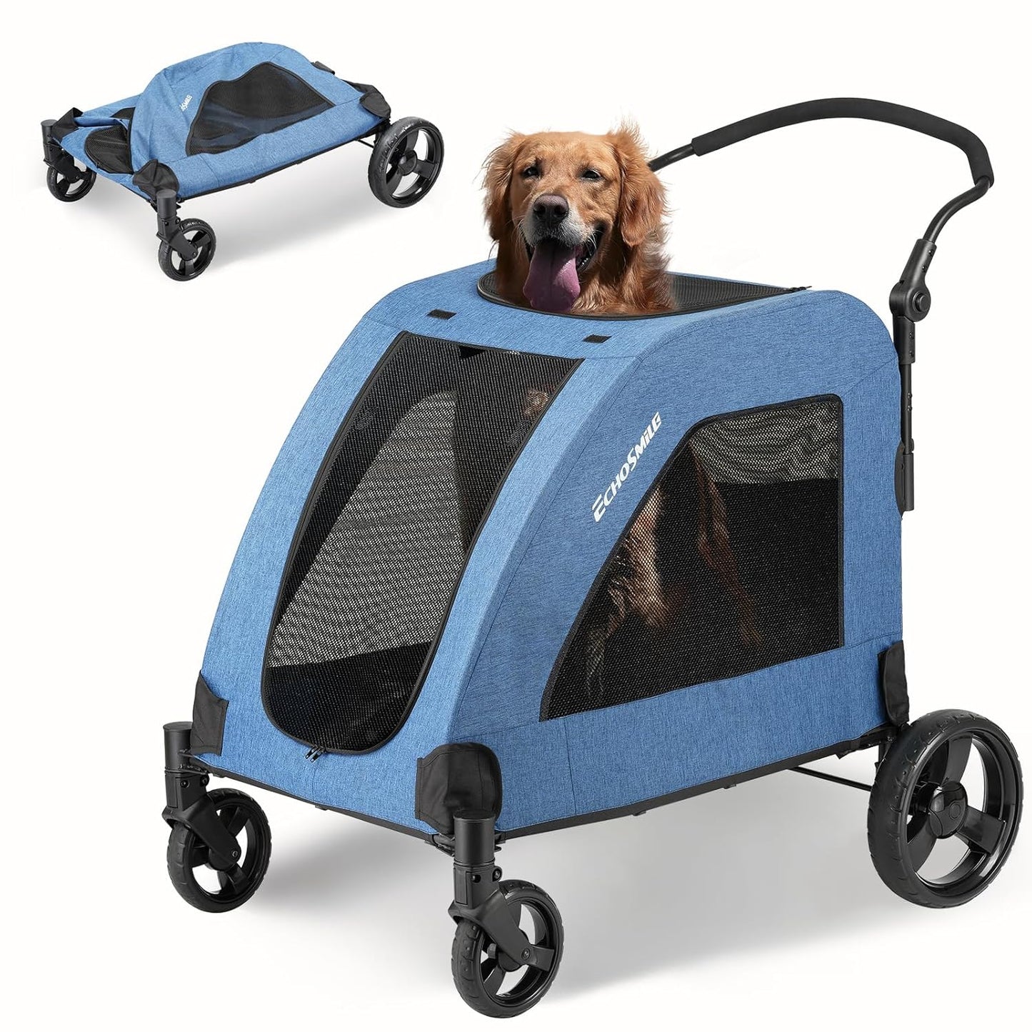 EchoSmile Heavy-Duty Large Dog Stroller with Shock-Absorbing Wheels, Foldable Pet Travel Carrier for Medium & Large Dogs, 5 Mesh Windows, 160 lbs Capacity, Easy Assembly & Storage