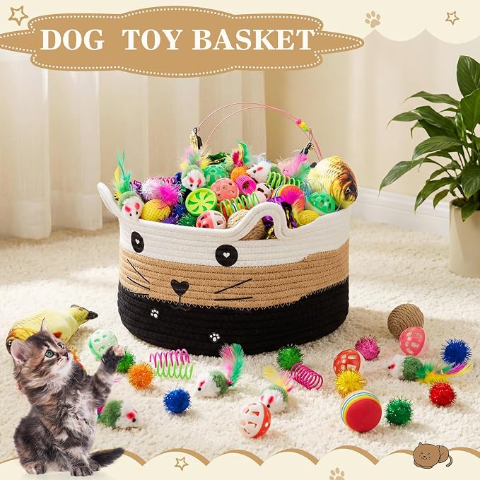Zopeal 76 Pcs Graduation Cat Storage Basket Gift Toys Set Interactive Cat Toys Kitten Wand Colorful Flashing Balls Pet Crinkle Balls Attract Kitten to Swat, Hunt for Pet Indoor(White,Coffee,Black)