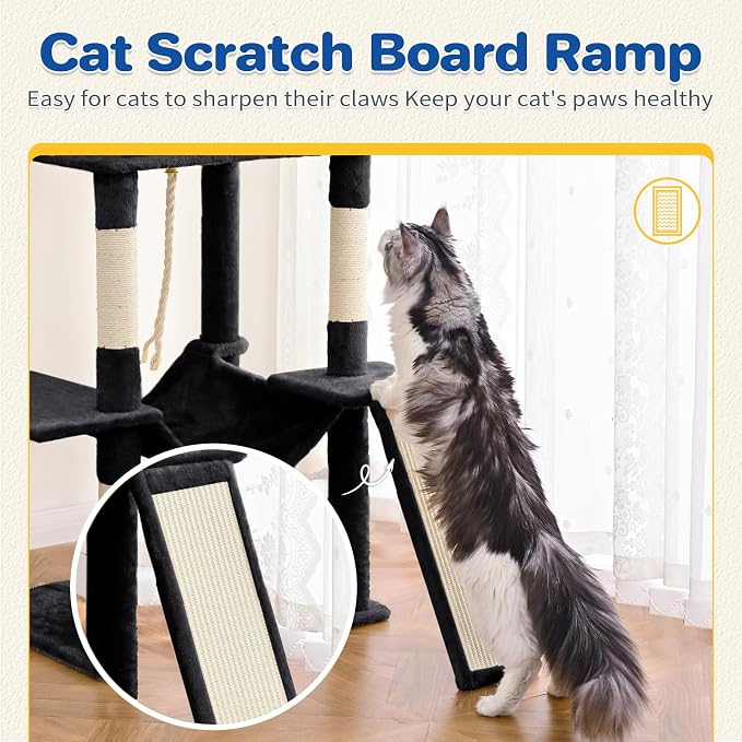 ABCPET Cat Tree Tower 63in Multi-Level Cat Tower for Indoor Cats with Sisal Scratching Posts, Condo, Hammock, Dangling Ball and Extended Platform for Cats to Play, Black