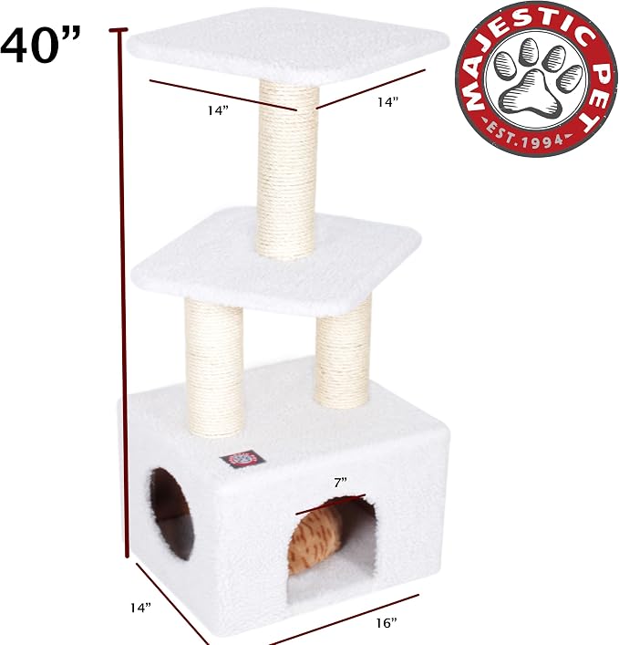 Majestic Pet Products 40 inch Cream Bungalow Cat Furniture Condo House Scratcher Multi Level Pet Activity Tree