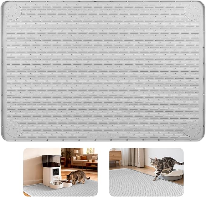Cat Food Mat, 34" x 22" Large Silicone Pet Feeding Mat for Food and Water Bowls Non-Slip, Easy to Clean (Light Grey)