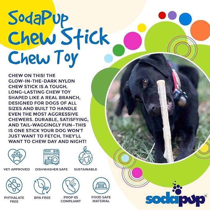 SodaPup Glow in The Dark Chew Stick – Durable Dog Chew Toy Made in USA from Non-Toxic, Pet Safe, Food Safe, Nylon Material for Mental Stimulation, Clean Teeth, Fresh Breath, Calming Nerves, & More