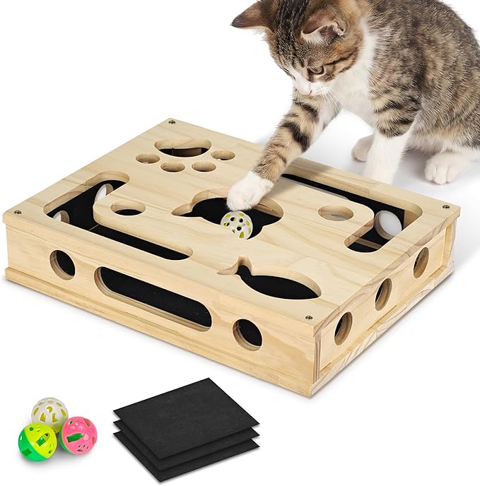 Cat Nail File Box, Interactive Wooden Cat Scratch Puzzle Toy with Sandpaper, Includes 3 Bell Balls & 3 Replacement Pads for Indoor Cats, Stress-Free Enrichment Claw Care (Large)