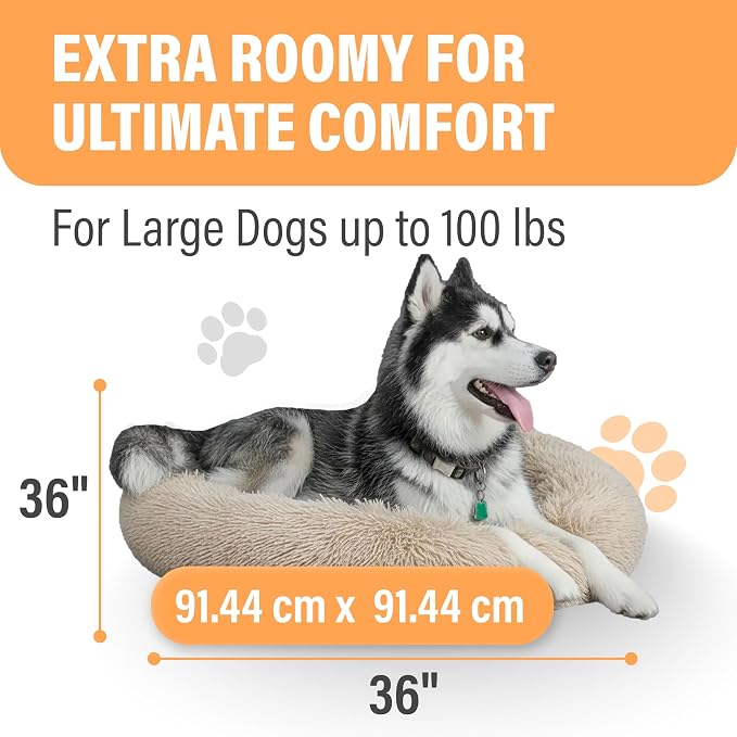 Active Pets Premium Large Donut Dog Bed, Fits Up to 100 lbs, Machine Washable Cushion, Plush Long Pile Faux Fur Fabric, Portable Beige Pet Bed Furniture for Puppies Adult Canines & Cats